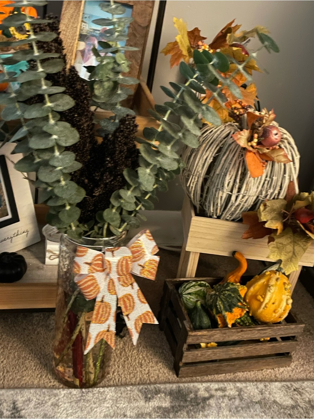 Autumn Eucalyptus Faux Arrangement with Pumpkin Bow - Green